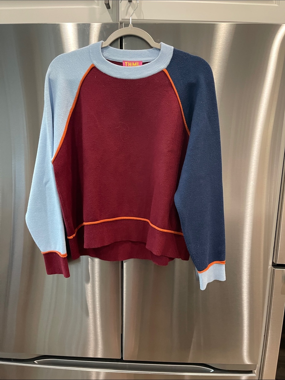 THML Colorblock Crewneck Sweater - Burgundy, Light Blue & Navy with Orange Trim